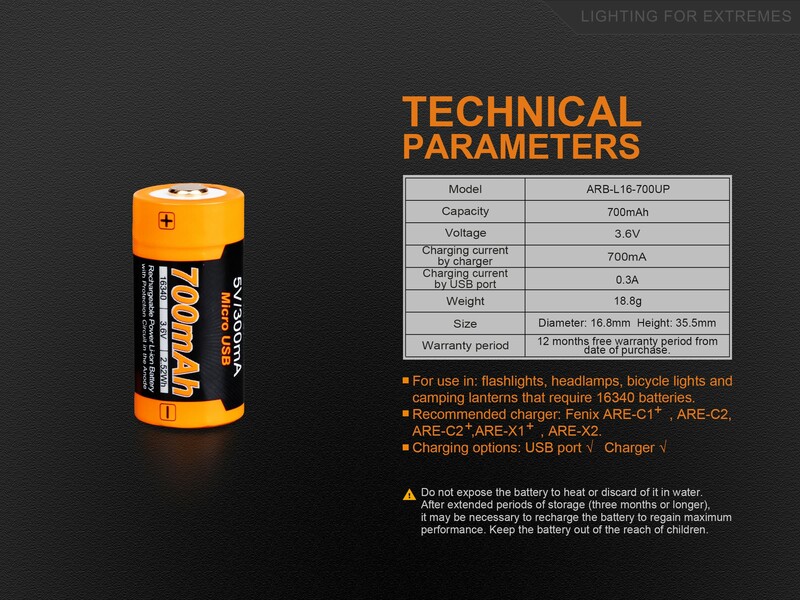 Fenix Dobíjecí baterie USB Fenix RCR123A / 16340 High Current (Li-Ion)